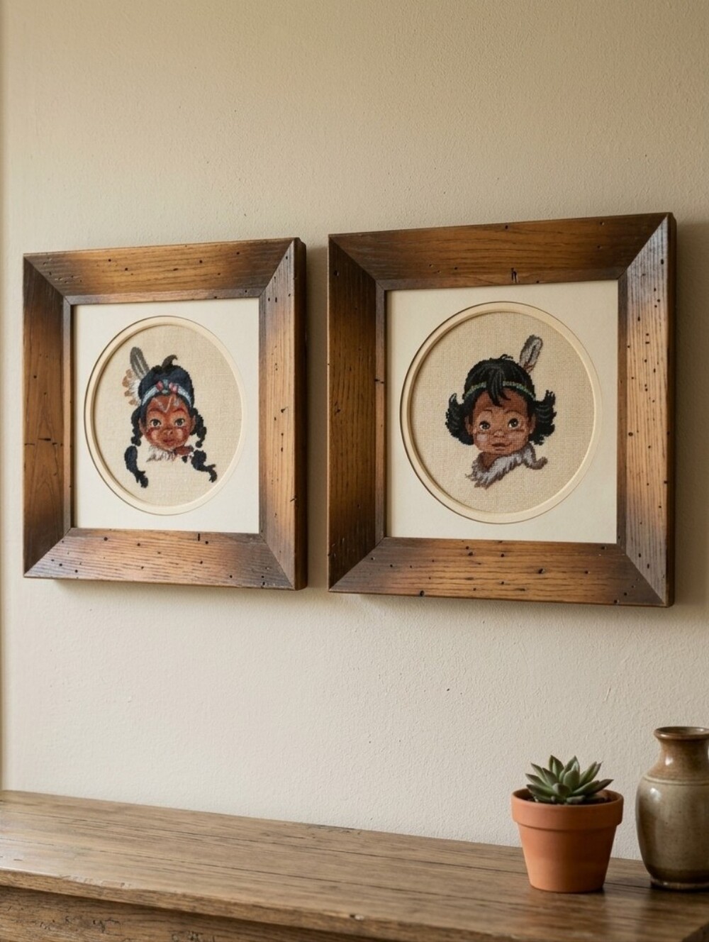 VINTAGE Handcrafted Needlepoint Indigenous Boy & Girl Rustic Framed Wall Art